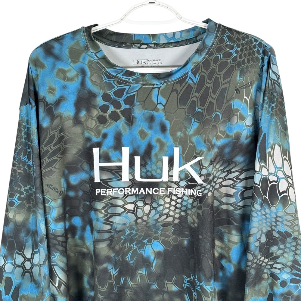Huk Performance Fishing Shirt Mens XL Blue Kryptek Neptune Fish Scale Stretch